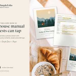 May include: A digital guest welcome book template titled AmpleFolio Nightly Profit, featuring a house manual for Cedar & Pine Cottage. The set includes editable pages, a phone version with tap-to-jump contents, and a QR sign for Word, Google Docs, and Pages.