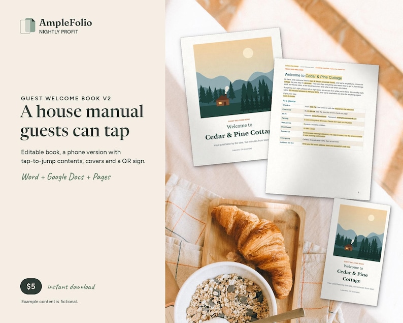Puede incluir: Una plantilla digital de libro de bienvenida para hu&eacute;spedes titulada AmpleFolio Nightly Profit, que incluye un manual de casa para Cedar & Pine Cottage. El set contiene p&aacute;ginas editables, una versi&oacute;n m&oacute;vil con contenido interactivo y un cartel QR para Word, Google Docs y Pages.