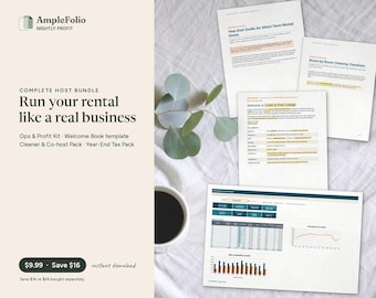 Complete Host Bundle, Rental Profit Spreadsheet, Welcome Book Template, Cleaning Checklist, Cleaner Pay Tracker, STR Tax Organizer