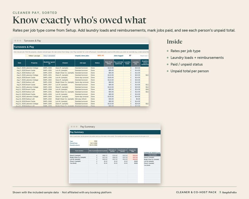Cleaning Checklist for Airbnb Hosts, Cleaner Pay Tracker, Co-host Agreement Template, Vrbo Turnover Spreadsheet, Excel and Word Templates image 3