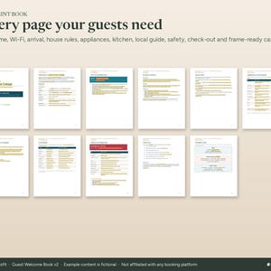 Puede incluir: Una colecci&oacute;n de once p&aacute;ginas informativas blancas tituladas The Print Book, que presentan encabezados de texto como Welcome, Wi-Fi, house rules, appliances, kitchen, local guide, safety, check-out y frame-ready cards con texto en negro y dorado.