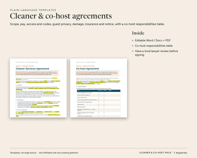 Cleaning Checklist for Airbnb Hosts, Cleaner Pay Tracker, Co-host Agreement Template, Vrbo Turnover Spreadsheet, Excel and Word Templates image 5