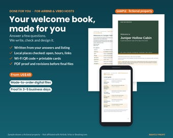 May include: A digital service advertisement for custom welcome books featuring text on a dark teal background, displaying a smartphone and two printed document pages with the title Juniper Hollow Cabin and a local guide section.