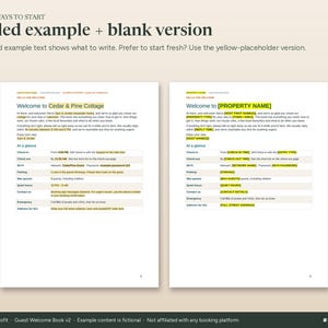 Puede incluir: Dos p&aacute;ginas blancas de una plantilla de libro de bienvenida para hu&eacute;spedes. La p&aacute;gina izquierda muestra un ejemplo completado para Cedar & Pine Cottage, mientras que la derecha muestra una versi&oacute;n en blanco con marcadores amarillos.
