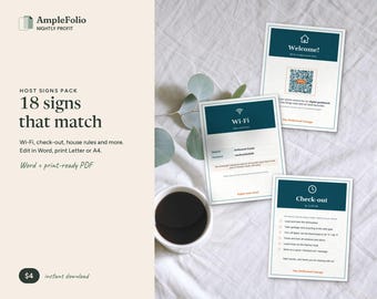 Rental Host Signs Bundle, 18 Editable Printable Signs, Welcome QR Sign, Wi-Fi Sign, Check-out & House Rules, Vacation Rental Word PDF