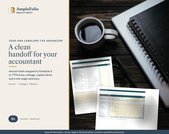 Landlord Tax Organizer, Schedule E & T776 Rental Tax Spreadsheet, Mileage Log, Capital Items, Accountant Checklist, Excel, Google Sheets
