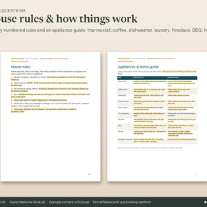 Puede incluir: Un documento de dos p&aacute;ginas titulado House rules & how things work, que presenta una lista numerada de reglas de la casa a la izquierda y una tabla de gu&iacute;a de electrodom&eacute;sticos a la derecha, con instrucciones para termostato, caf&eacute;, lavavajillas, lavander&iacute;a, chimenea, barbacoa y jacuzzi.