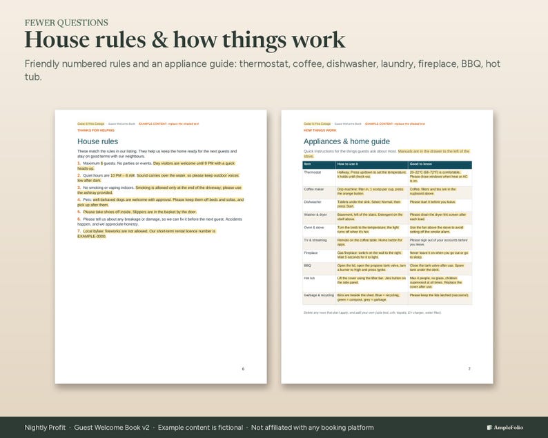 Puede incluir: Un documento de dos p&aacute;ginas titulado House rules & how things work, que presenta una lista numerada de reglas de la casa a la izquierda y una tabla de gu&iacute;a de electrodom&eacute;sticos a la derecha, con instrucciones para termostato, caf&eacute;, lavavajillas, lavander&iacute;a, chimenea, barbacoa y jacuzzi.