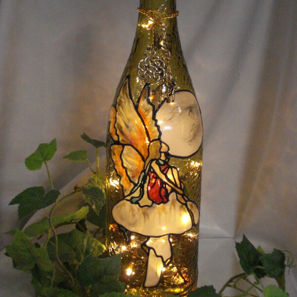 Mushroom Fairy Full Moon Recycled Wine Bottle Lamp