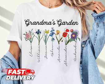 May include: White t-shirt with the text "Grandma's Garden" and floral illustrations. Each flower has a name written below it: Elisa, William, Jessica, Helen, Amanda, Alexander, and Richard. The shirt also has a "Fast Delivery" logo.