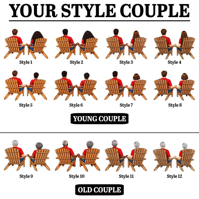 May include: A digital illustration chart titled YOUR STYLE COUPLE featuring twelve pairs of figures sitting in wooden chairs, labeled Style 1 through Style 12. The chart is divided into two sections labeled YOUNG COUPLE and OLD COUPLE.