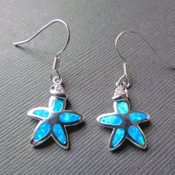 Starfish Earrings - Ocean Jewelry - Blue Opal Jewelry - Womans Earrings - Starfish Charms - Opal Earrings