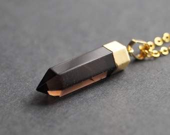 Smoky Quartz Necklace, Gold Filled Quartz Pendant, Dark Brown Quartz Jewelry, Minimalist Layering Necklace
