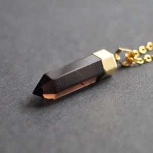 Smoky Quartz Necklace, Gold Filled Quartz Pendant, Dark Brown Quartz Jewelry, Minimalist Layering Necklace