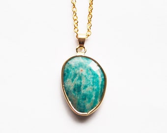 Amazonite Necklace - Green and Gold Faceted Gemstone, Oval Shape Gem, Layering Pendant