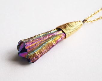 Rainbow Crystal Necklace, Gold Wire Wrapped Pendant, Artisan Jewelry