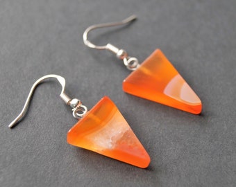 Bright Orange Carnelian Earrings, Autumn Jewelry, Triangle Gemstone Earrings, Sterling Silver