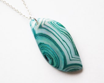 Green Agate Pendant, Banded Agate Necklace, Sterling Silver Jewelry