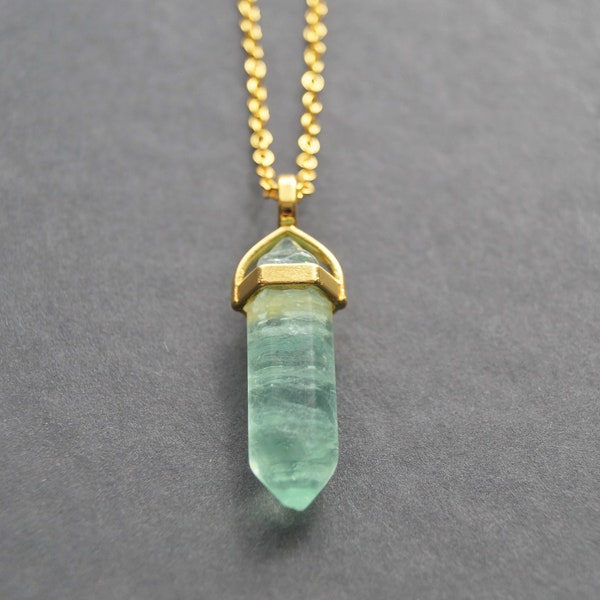 Green Fluorite Necklace, Gemstone Point Pendant, Green and Gold Jewelry