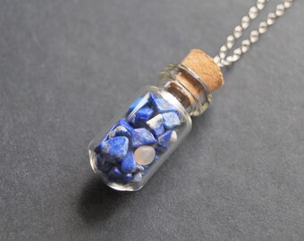 Lapis Necklace, Lapis Lazuli Pendant, Glass Bottle with Cork Jewelry, Blue Gemstone Chip, Stainless Steel Chain