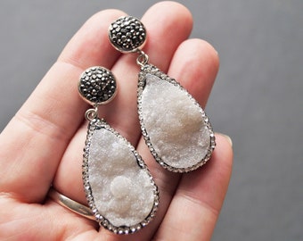 White Agate Druzy Earrings, Sparkly Gemstone Earrings, Crystal Teardrop Earrings, Black Crystals Stud Earrings