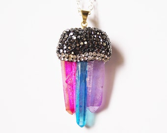 Crystal Point Necklace with Pink Red Blue and Purple Quartz with Zircon Crystals and a Gold Finish