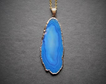 Blue Agate Slice Necklace, Gold Gemstone Pendant, Banded Agate Oval Stone Necklace