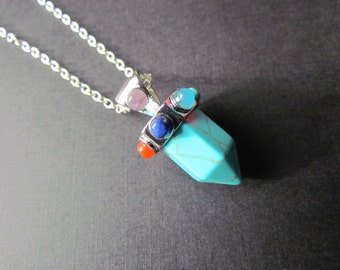 Turquoise Crystal Chakra Necklace - Quartz Point Pendant - 7 Gemstone Yoga Necklace - Turquoise Necklace -