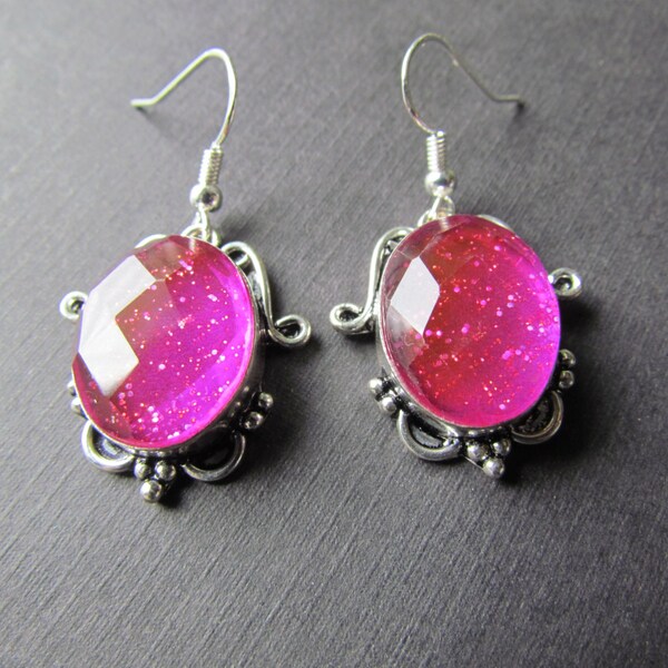 SALE Dichroic Earrings - Pink Dichroic Glass - Pink Earrings - Sparkly Jewelry - Sparkly Pink Dangle Earrings -