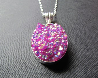 Pink Druzy Necklace - Titanium Druzy Pendant - Crystal Cluster Jewelry - Purple Rainbow color Bead -