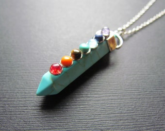 Turquoise Chakra Necklace - Howlite Point Pendant - 7 Gemstone Yoga Necklace - Faux Turquoise Necklace -