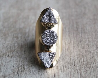 Grey Druzy Ring, Triangle Ring, Gold Ring, Silver Druzy Ring, Size 7.5