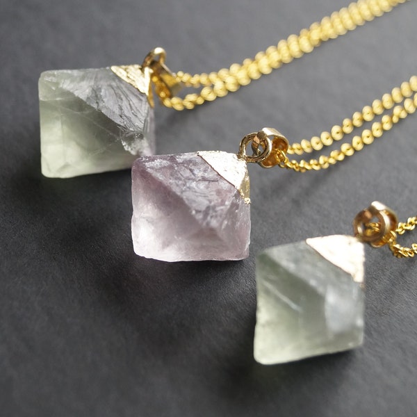 Purple and Green Fluorite Necklace, Gold and Green Pendant