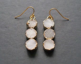 Agate Earrings White Druzy Round Sparkly Gold Filled Earrings Gift for Girlfriend Under 50