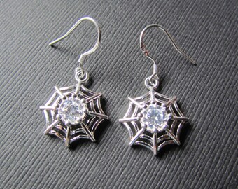 Spider Web Earrings | Halloween Earrings | Sterling Silver Hooks | Spider Jewelry | Cubic Zirconia Earrings