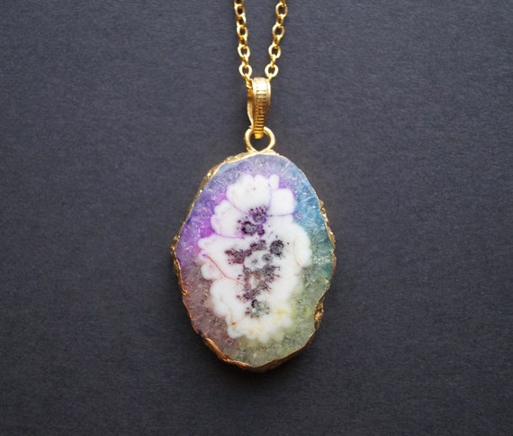 Rainbow Solar Quartz Necklace - Rainbow Pendant - Shiny Gold and Rainbow Jewelry