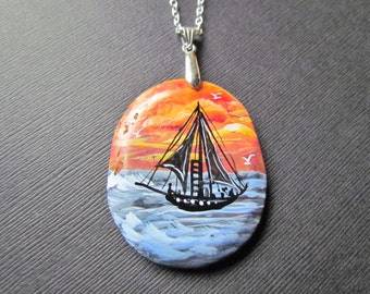 Sailboat Necklace - Hand Painted Pendant - Gemstone Jewerly - Statement Necklace - Jasper Bead Pendant