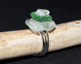 Sea Glass Ring - Genuine Canadian Seaglass - Beach Glass Jewelry - 3 Tier White and Green Seaglass -