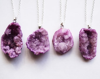 Agate Geode Necklace, Purple Druzy Pendant, Sparkly Gemstone Jewellery
