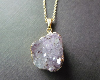 Amethyst Cluster Necklace - Gold Filled Chain - Amethyst Pendant - Electroplated Amethyst Necklace -