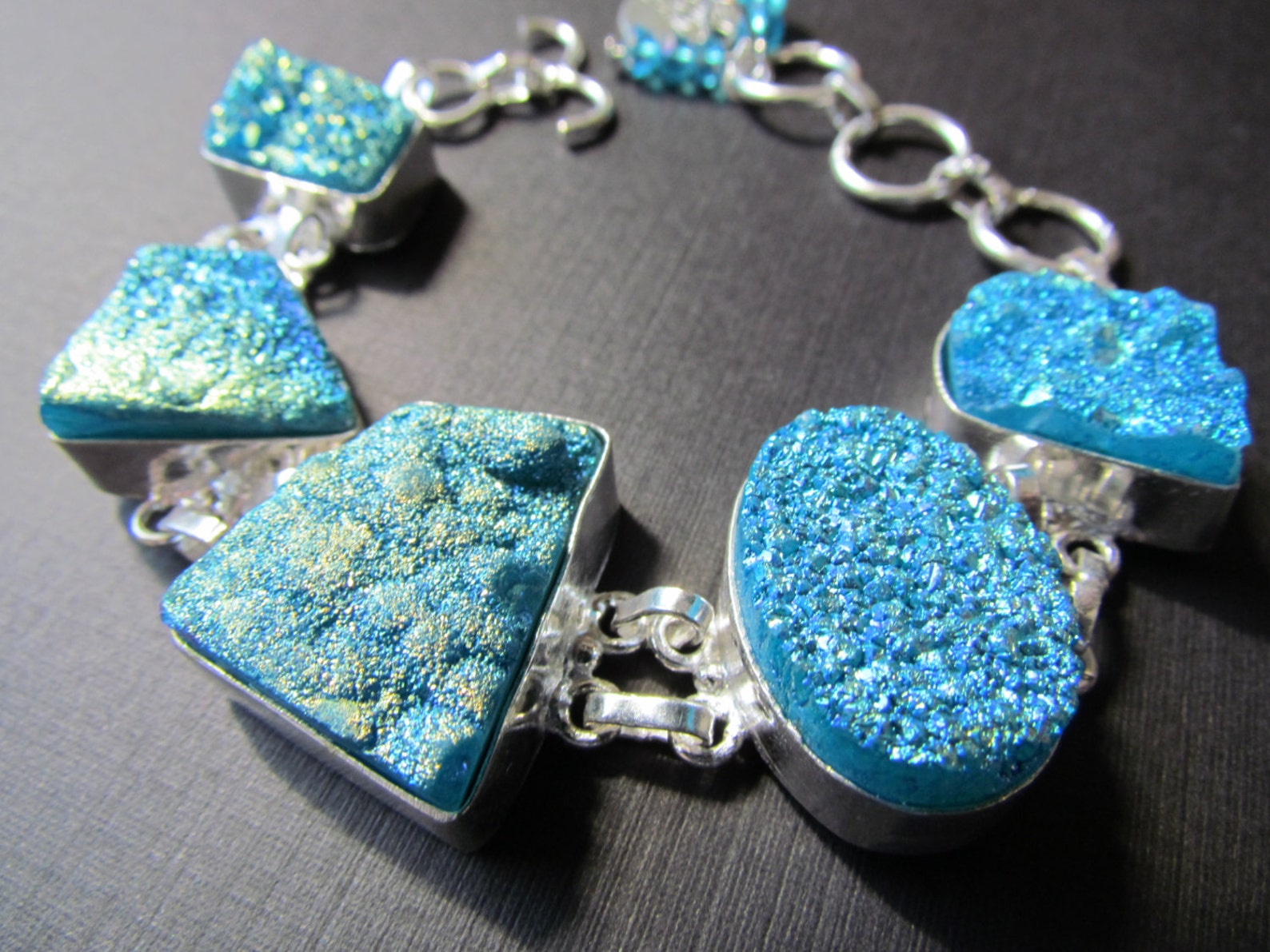 Set Of 5 Agate And Druzy Beaded Bracelets With Gold-Plated Brass Accents In Teal