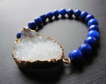 Quartz Bracelet | Blue Gemstone Bead Bracelet | Faceted Blue Jade Bracelet -