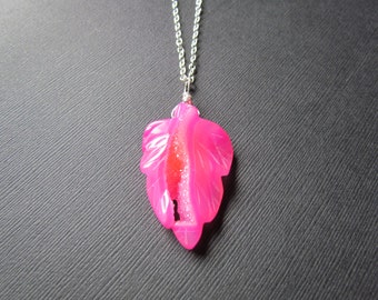 Carved Leaf Necklace | Sparkly Hot Pink Pendant | Handmade Beautiful Wire Wrapped Druzy | Crystal Agate Jewelry