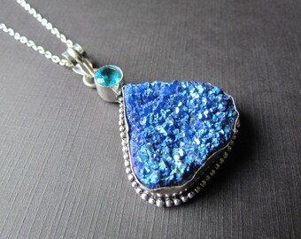 Titanium Druzy Necklace - Stacked Agate Druzy Pendant - Blue and green Agate Jewelry -