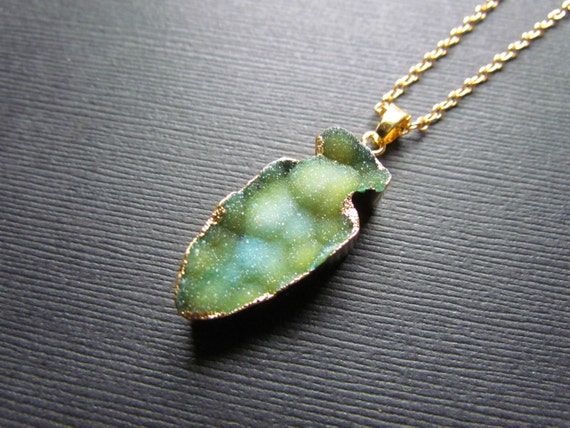 Green Druzy Necklace - Arrow Necklace - Druzy Pendant - Gold Filled Pendant - Agate Necklace -