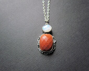 Goldstone Necklace - Blue Moonstone Necklace - Faceted goldstone Pendant - Sterling Silver Chain -