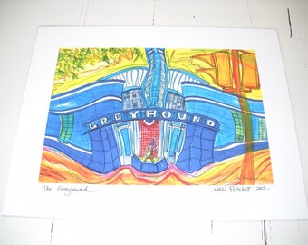 Greyhound Bus Station, 11x14 inch Signed Print, Evansville, Art Deco Building