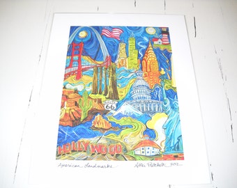 American Landmarks, Statue of Liberty, Golden Gate Bridge, the Arch, 11" x 14" Signed Print