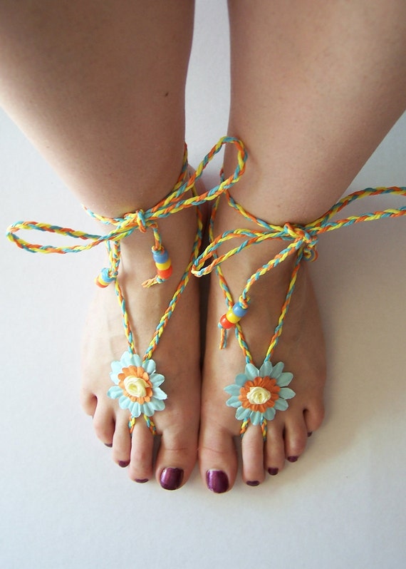 Items similar to Blue, yellow and orange string shoes with flower on Etsy