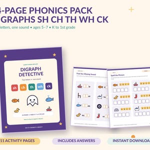 May include: A 14-page phonics pack titled Digraph Detective featuring digraphs SH, CH, TH, WH, and CK. The educational material includes a cover page and two activity sheets with exercises like Find the Missing Sound and Spell the Picture.